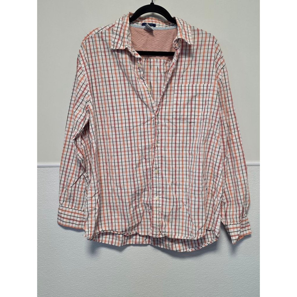 Men's Old Navy L White Red Orange Plaid Casual Button Down Shirt